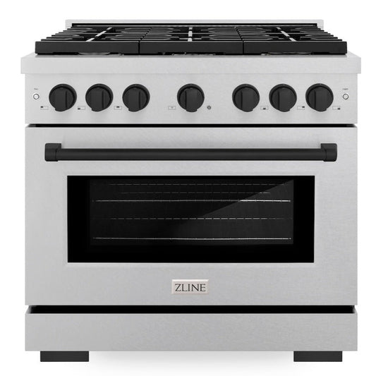 ZLINE Autograph Edition 36 in. 5.2 cu. ft. Gas Range with 6 Burners and Convection Oven in Satin Stainless Steel with Matte Black Accents (SGRSZ-36-MB)