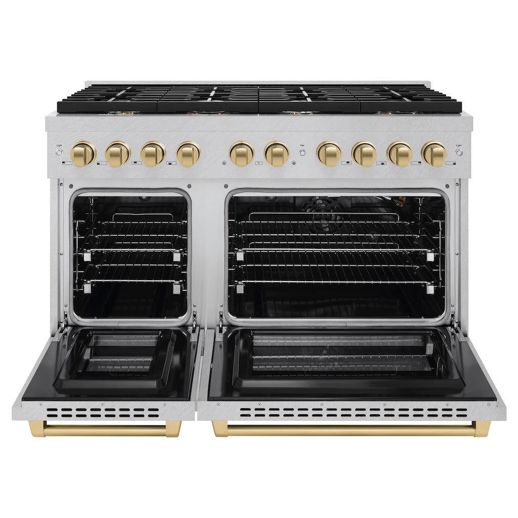ZLINE Autograph Edition 48 in. 6.7 cu. ft. Paramount Double Oven Gas Range with 8 Burners in Satin Stainless Steel with Champagne Bronze Accents (SGRSZ-48-CB)