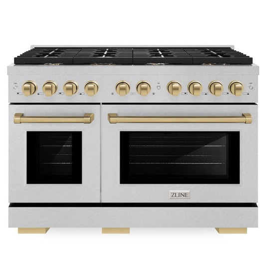 ZLINE Autograph Edition 48 in. 6.7 cu. ft. Paramount Double Oven Gas Range with 8 Burners in Satin Stainless Steel with Champagne Bronze Accents (SGRSZ-48-CB)