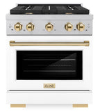 ZLINE Autograph Edition 30 in. 4.2 cu. ft. Paramount Dual Fuel Range with 4 Gas Burners and Electric Convection Oven in Satin Stainless Steel with White Matte Door and Polished Gold Accents (SDRSZ-WM-30-G)