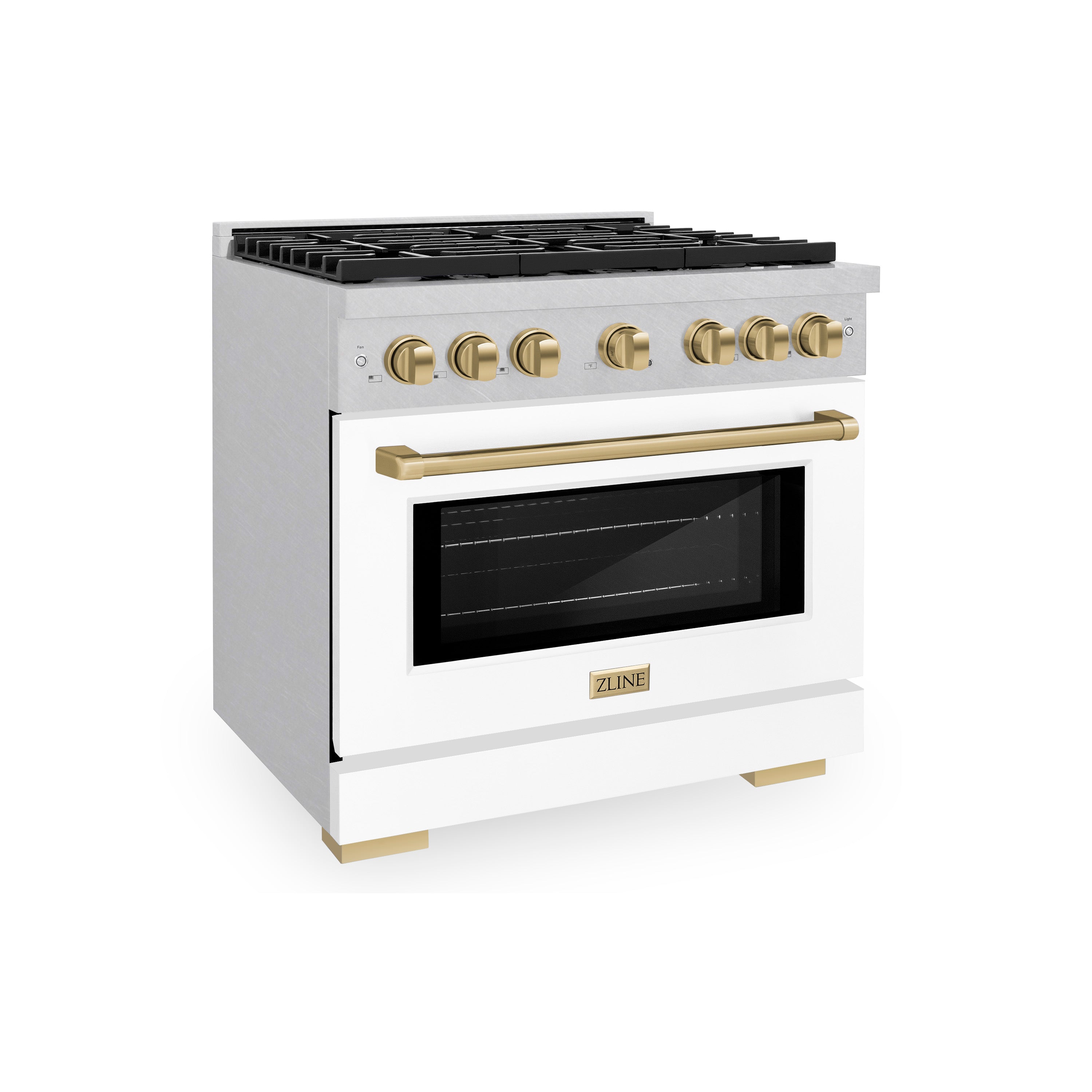ZLINE Autograph Edition 36 in. Paramount Dual Fuel Range, 5.2 cu. ft. Electric Convection Oven, 6 Burner Gas Cooktop, Satin Stainless Steel with White Matte Door & Champagne Bronze Accents (SDRSZ-WM-36-CB)