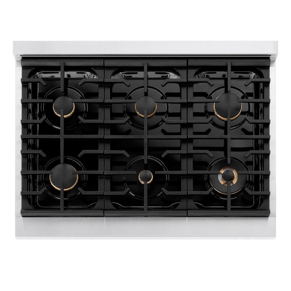 ZLINE Autograph Edition 36 in. Paramount Dual Fuel Range, 5.2 cu. ft. Electric Convection Oven, 6 Burner Gas Cooktop, Satin Stainless Steel with White Matte Door & Champagne Bronze Accents (SDRSZ-WM-36-CB)