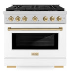 ZLINE Autograph Edition 36 in. Paramount Dual Fuel Range 5.2 cu. ft. with 6 Burner Gas Cooktop and Electric Convection Oven in Satin Stainless Steel with White Matte Door and Polished Gold Accents (SDRSZ-WM-36-G)