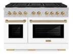 ZLINE Autograph Edition 48 in. Paramount Double Oven Dual Fuel Range with 8 Gas Burners, 6.7 cu. ft. Capacity, Satin Stainless Steel with White Matte Doors and Champagne Bronze Accents (SDRSZ-WM-48-CB)
