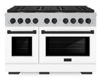 ZLINE Autograph Edition 48 in. Paramount Double Oven Dual Fuel Range with 8 Gas Burners, 6.7 cu. ft., Satin Stainless Steel with White Matte Doors and Matte Black Accents (SDRSZ-WM-48-MB)
