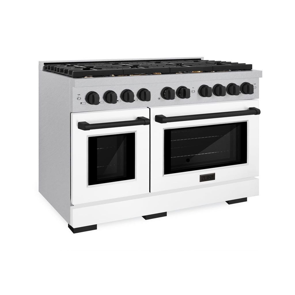 ZLINE Autograph Edition 48 in. Paramount Double Oven Dual Fuel Range with 8 Gas Burners, 6.7 cu. ft., Satin Stainless Steel with White Matte Doors and Matte Black Accents (SDRSZ-WM-48-MB)