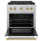 ZLINE Autograph Edition 30 in. Paramount Gas Range 4.2 cu. ft. with 4 Burner Gas Cooktop and Convection Gas Oven in Satin Stainless Steel with White Matte Door and Polished Gold Accents (SGRSZ-WM-30-G)
