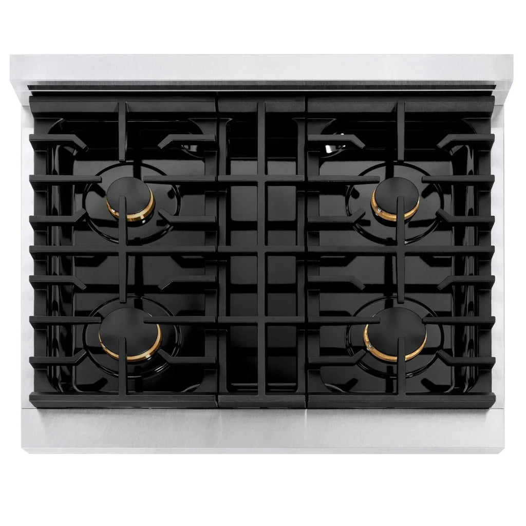 ZLINE Autograph Edition 30 in. Paramount Gas Range 4.2 cu. ft. with 4 Burner Gas Cooktop and Convection Gas Oven in Satin Stainless Steel with White Matte Door and Polished Gold Accents (SGRSZ-WM-30-G)
