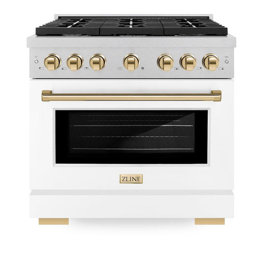 ZLINE Autograph Edition 36 in. 5.2 cu. ft. Paramount Gas Range with 6 Burners and Convection Gas Oven in Satin Stainless Steel with White Matte Door and Polished Gold Accents (SGRSZ-WM-36-G)