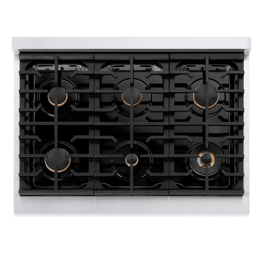 ZLINE Autograph Edition 36 in. 5.2 cu. ft. Paramount Gas Range with 6 Burners and Convection Gas Oven in Satin Stainless Steel with White Matte Door and Polished Gold Accents (SGRSZ-WM-36-G)