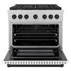 ZLINE Autograph Edition 36 in. 5.2 cu. ft. Paramount Gas Range with 6 Burners and Convection Gas Oven in Satin Stainless Steel with White Matte Door and Matte Black Accents (SGRSZ-WM-36-MB)