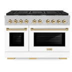 ZLINE Autograph 48 in. 6.7 cu. ft. Paramount Double Oven Gas Range with 8 Burners in Satin Stainless Steel with White Matte Doors and Polished Gold Accents (SGRSZ-WM-48-G)