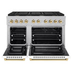ZLINE Autograph 48 in. 6.7 cu. ft. Paramount Double Oven Gas Range with 8 Burners in Satin Stainless Steel with White Matte Doors and Polished Gold Accents (SGRSZ-WM-48-G)