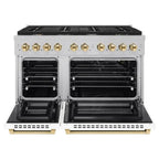 ZLINE Autograph Package - 48 In. Gas Range and Range Hood in Satin Stainless Steel with White Matte Door and Gold Accents, 2AKPR-RGSWMRH48-G