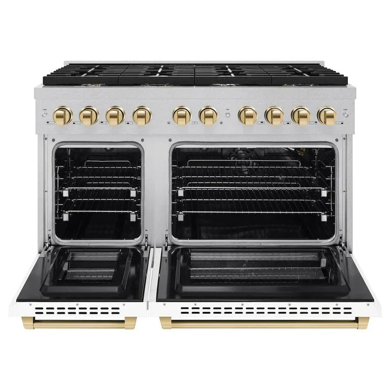 ZLINE Autograph Package - 48 In. Gas Range and Range Hood in Satin Stainless Steel with White Matte Door and Gold Accents, 2AKPR-RGSWMRH48-G