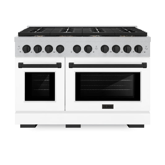 ZLINE Autograph Edition 48 in. Paramount Double Oven Gas Range, 8 Burner Cooktop, 6.7 cu. ft., Satin Stainless Steel with White Matte Doors and Matte Black Accents (SGRSZ-WM-48-MB)