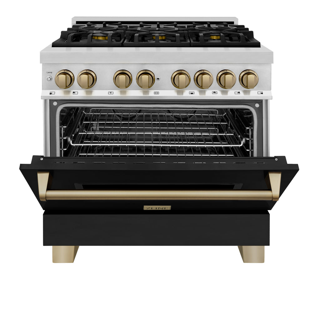 ZLINE Autograph Edition 36 in. 4.6 cu. ft. Dual Fuel Range with Gas Cooktop and Electric Oven, Black Matte Door with Champagne Bronze Accents (RAZ-BLM-36-CB)