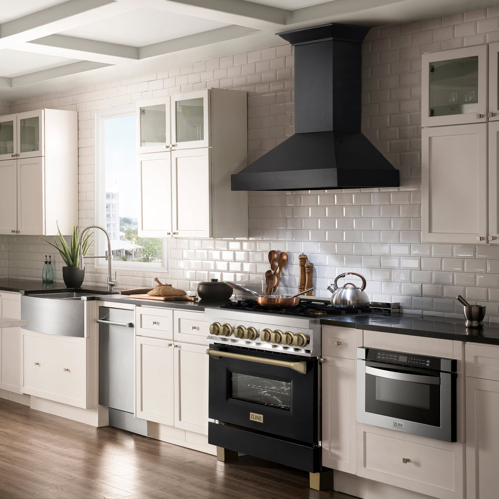 ZLINE Autograph Edition 36 in. 4.6 cu. ft. Dual Fuel Range with Gas Cooktop and Electric Oven, Black Matte Door with Champagne Bronze Accents (RAZ-BLM-36-CB)