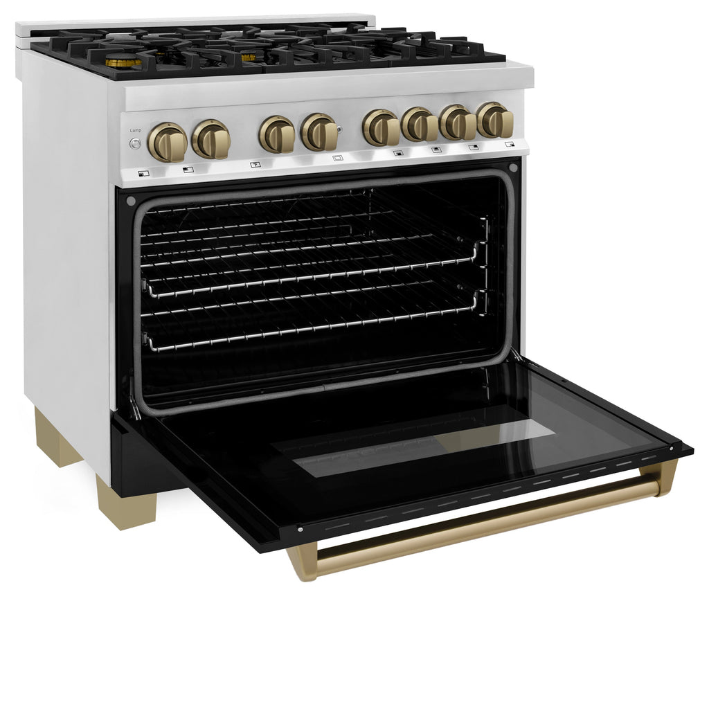 ZLINE Autograph Edition 36 in. 4.6 cu. ft. Dual Fuel Range with Gas Cooktop and Electric Oven, Black Matte Door with Champagne Bronze Accents (RAZ-BLM-36-CB)