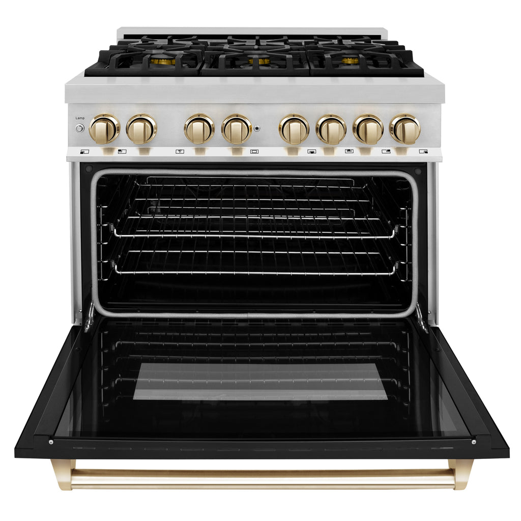 ZLINE Autograph 36 in. Dual Fuel Range 4.6 cu. ft. with Gas Cooktop, Electric Oven, Black Matte Door and Gold Accents (RAZ-BLM-36-G)