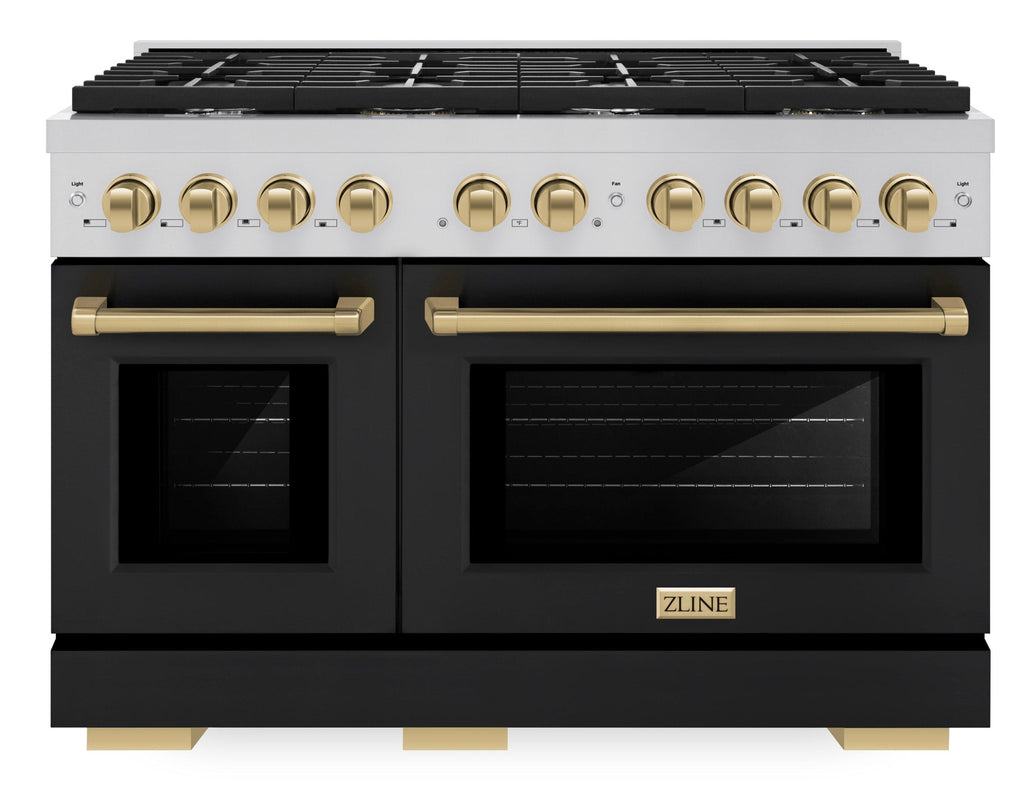 ZLINE Autograph Edition 48 in. Paramount Double Oven Dual Fuel Range with 8 Gas Burners, 6.7 cu. ft., Black Matte Doors & Champagne Bronze Accents (SDRZ-BLM-48-CB)