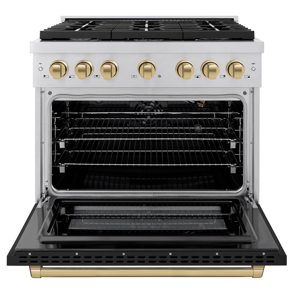 ZLINE Autograph Edition 36 in. 5.2 cu. ft. Paramount Gas Range with Convection Oven, Stainless Steel with Black Matte Door and Champagne Bronze Accents (SGRZ-BLM-36-CB)