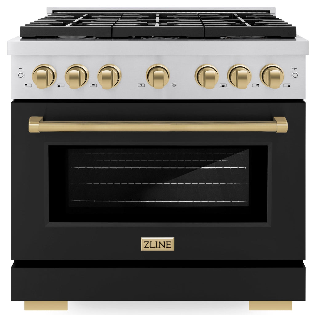 ZLINE Autograph Edition 36 in. 5.2 cu. ft. Paramount Gas Range with Convection Oven, Stainless Steel with Black Matte Door and Champagne Bronze Accents (SGRZ-BLM-36-CB)