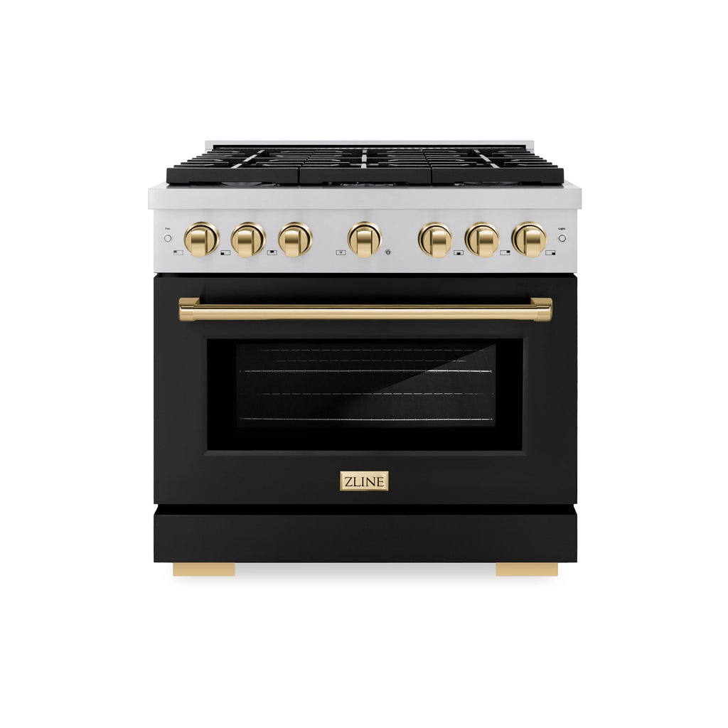 ZLINE Autograph Edition 36 in. Paramount Gas Range 5.2 cu. ft. with Convection Gas Oven, 6 Burners, Stainless Steel with Black Matte Door and Gold Accents (SGRZ-BLM-36-G)