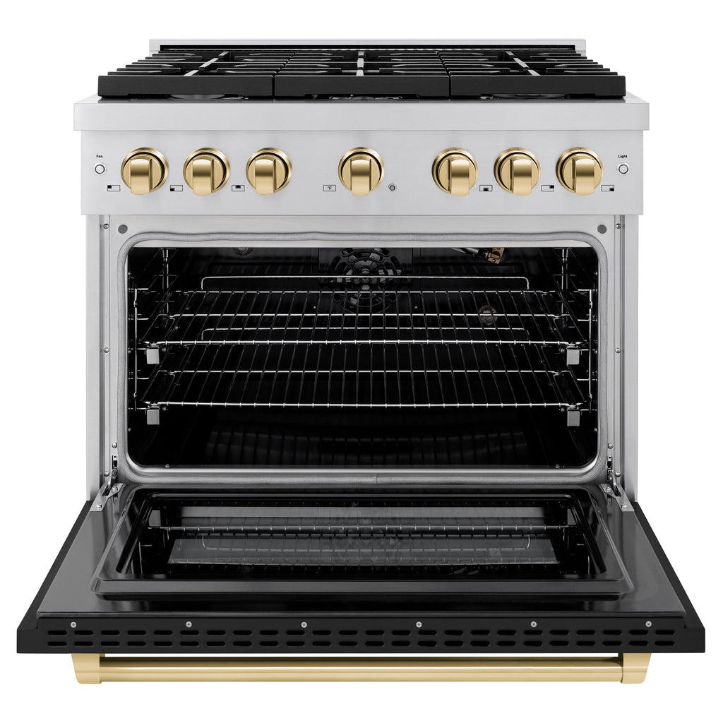 ZLINE Autograph Edition 36 in. Paramount Gas Range 5.2 cu. ft. with Convection Gas Oven, 6 Burners, Stainless Steel with Black Matte Door and Gold Accents (SGRZ-BLM-36-G)