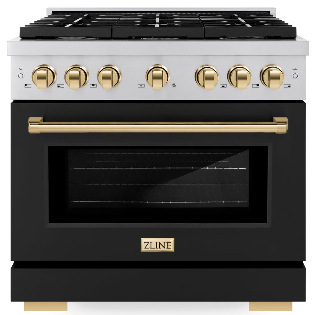 ZLINE Autograph Edition 36 in. Paramount Gas Range 5.2 cu. ft. with Convection Gas Oven, 6 Burners, Stainless Steel with Black Matte Door and Gold Accents (SGRZ-BLM-36-G)