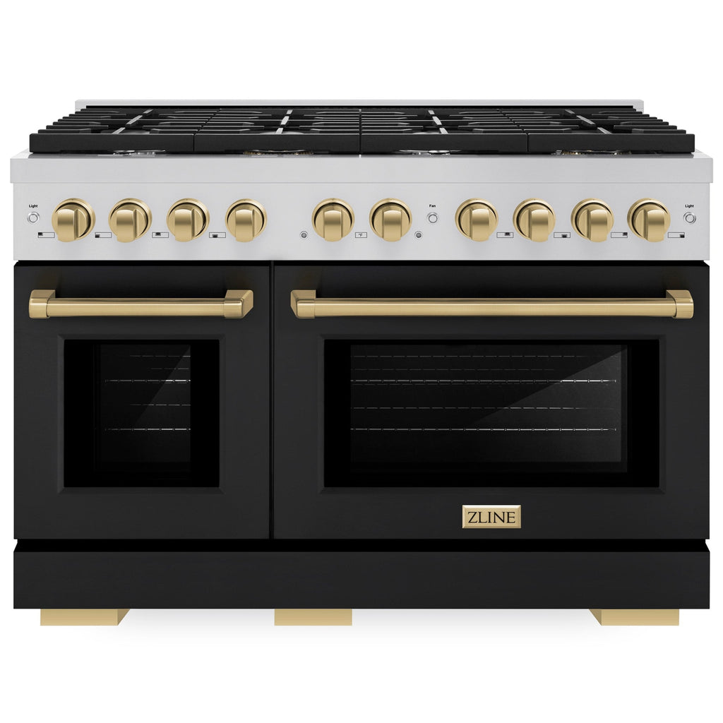 ZLINE Autograph 48 in. 6.7 cu. ft. Paramount Double Oven Gas Range with 8 Burners in Stainless Steel with Black Matte Doors and Champagne Bronze Accents (SGRZ-BLM-48-CB)