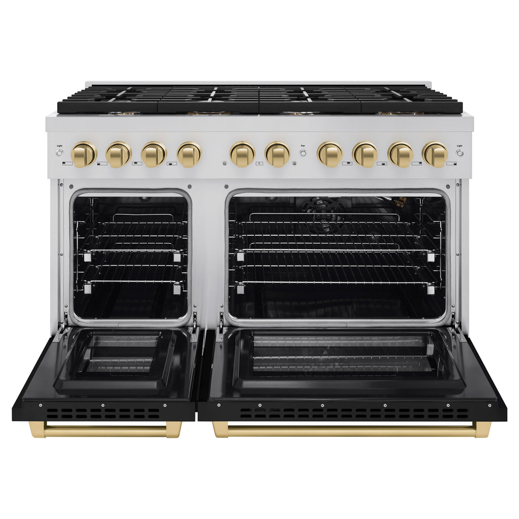 ZLINE Autograph 48 in. 6.7 cu. ft. Paramount Double Oven Gas Range with 8 Burners in Stainless Steel with Black Matte Doors and Champagne Bronze Accents (SGRZ-BLM-48-CB)