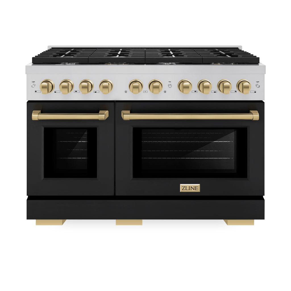 ZLINE Autograph 48 in. 6.7 cu. ft. Paramount Double Oven Gas Range with 8 Burners in Stainless Steel with Black Matte Doors and Champagne Bronze Accents (SGRZ-BLM-48-CB)