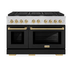 ZLINE Autograph 48 in. 6.7 cu. ft. Paramount Double Oven Gas Range with 8 Burners in Stainless Steel with Black Matte Doors and Champagne Bronze Accents (SGRZ-BLM-48-CB)