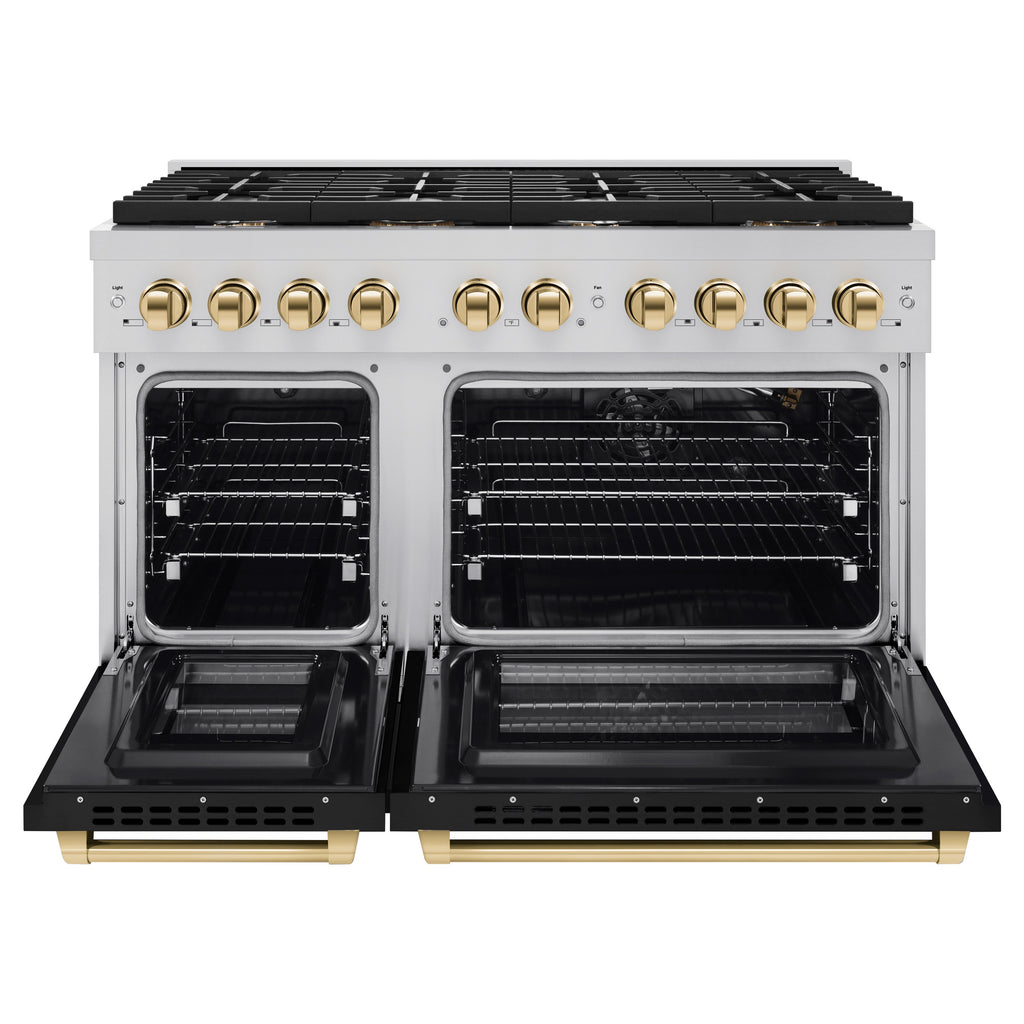 ZLINE Autograph 48 in. 6.7 cu. ft. Paramount Double Oven Gas Range with 8 Burners in Stainless Steel with Black Matte Doors and Polished Gold Accents (SGRZ-BLM-48-G)