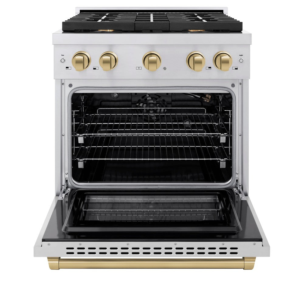 ZLINE Autograph Edition 30 in. Paramount Dual Fuel Range, 4 Burners, 4.2 cu. ft. Electric Convection Oven, Stainless Steel with Champagne Bronze Accents (SDRZ-30-CB)
