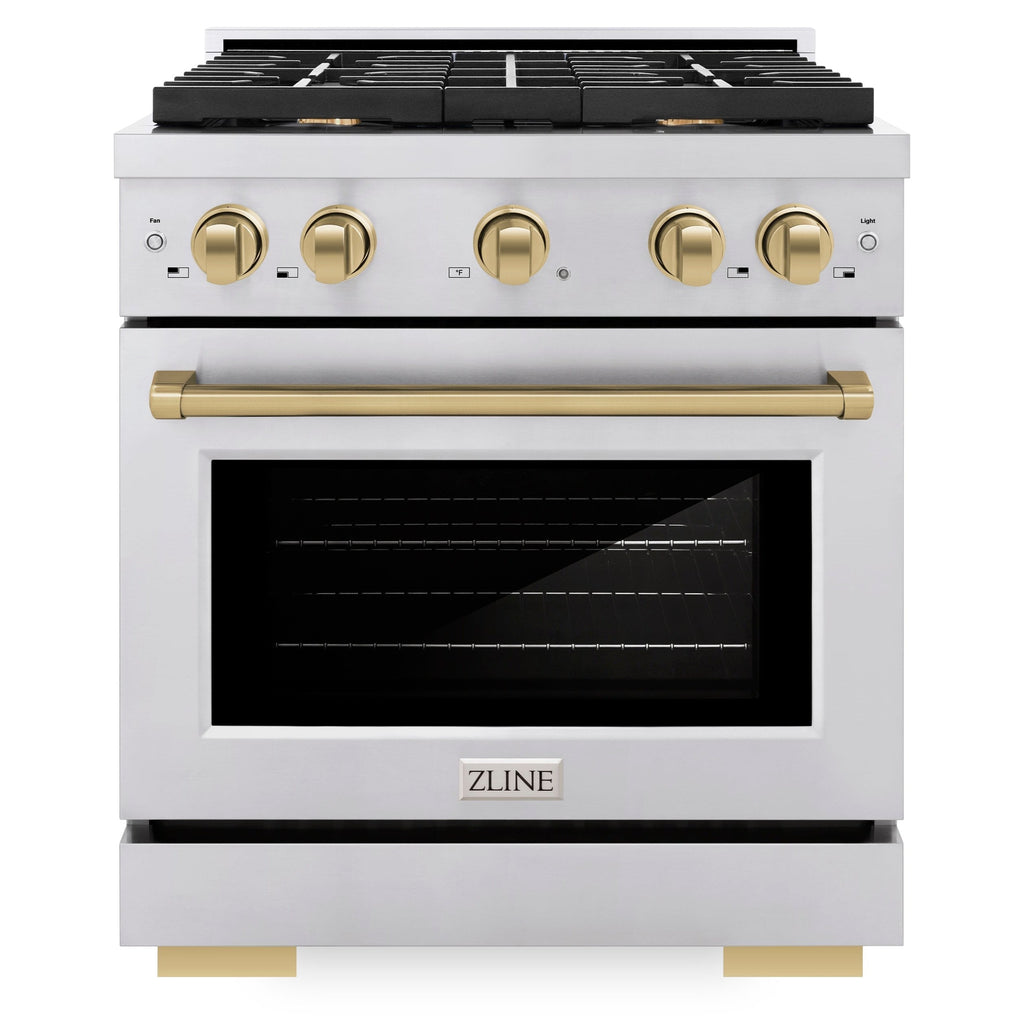 ZLINE Autograph Edition 30 in. Paramount Dual Fuel Range, 4 Burners, 4.2 cu. ft. Electric Convection Oven, Stainless Steel with Champagne Bronze Accents (SDRZ-30-CB)
