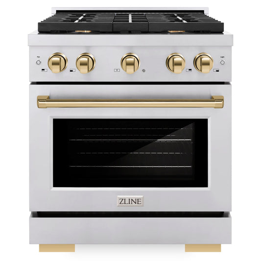 ZLINE Autograph Edition 30 in. Paramount Dual Fuel Range 4.2 cu. ft. with 4 Gas Burners and Electric Convection Oven in Stainless Steel with Polished Gold Accents (SDRZ-30-G)