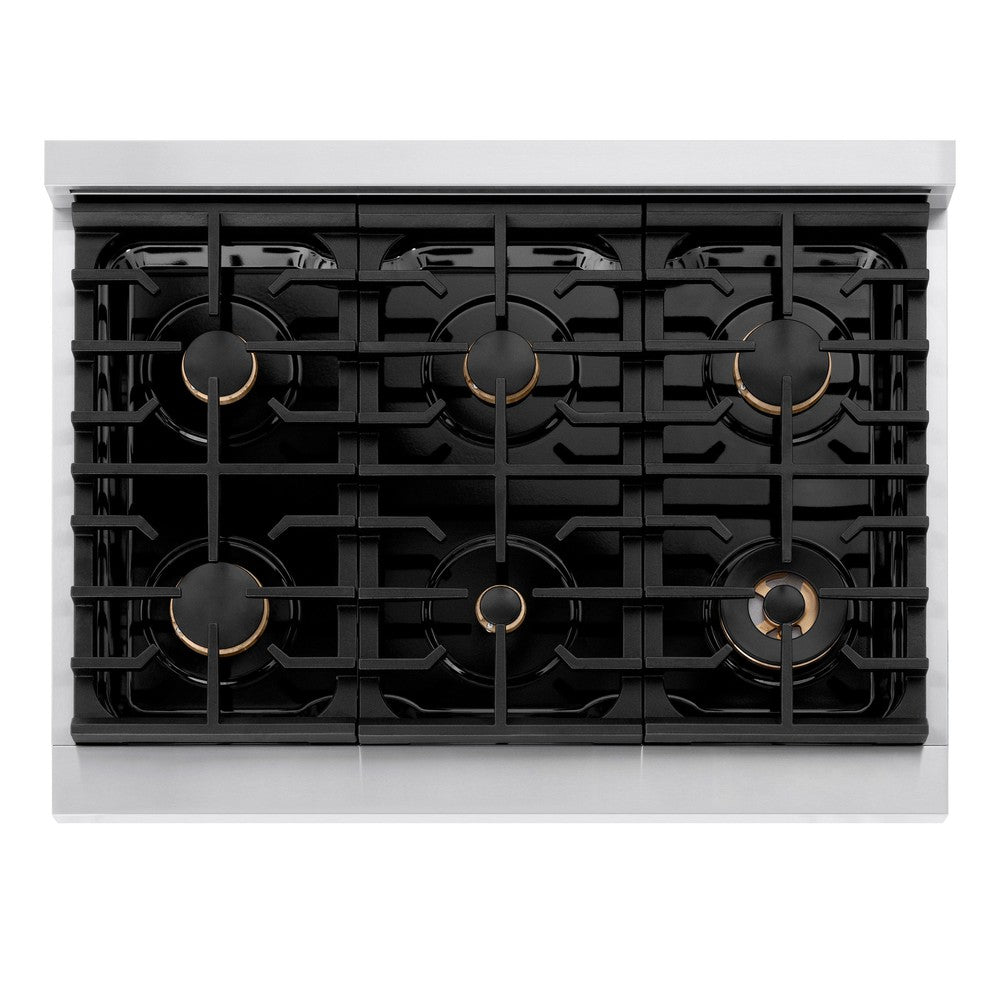 ZLINE Autograph Edition 36 in. 5.2 cu. ft. Paramount Dual Fuel Range with 6-Burner Gas Cooktop and Electric Convection Oven in Stainless Steel with Champagne Bronze Accents (SDRZ-36-CB)