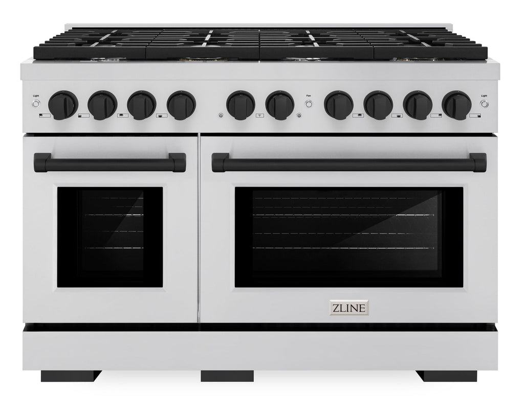ZLINE Autograph Edition 48 in. Paramount Dual Fuel Range with Double Electric Convection Ovens, 8 Burner Gas Cooktop, Stainless Steel with Matte Black Accents (SDRZ-48-MB)