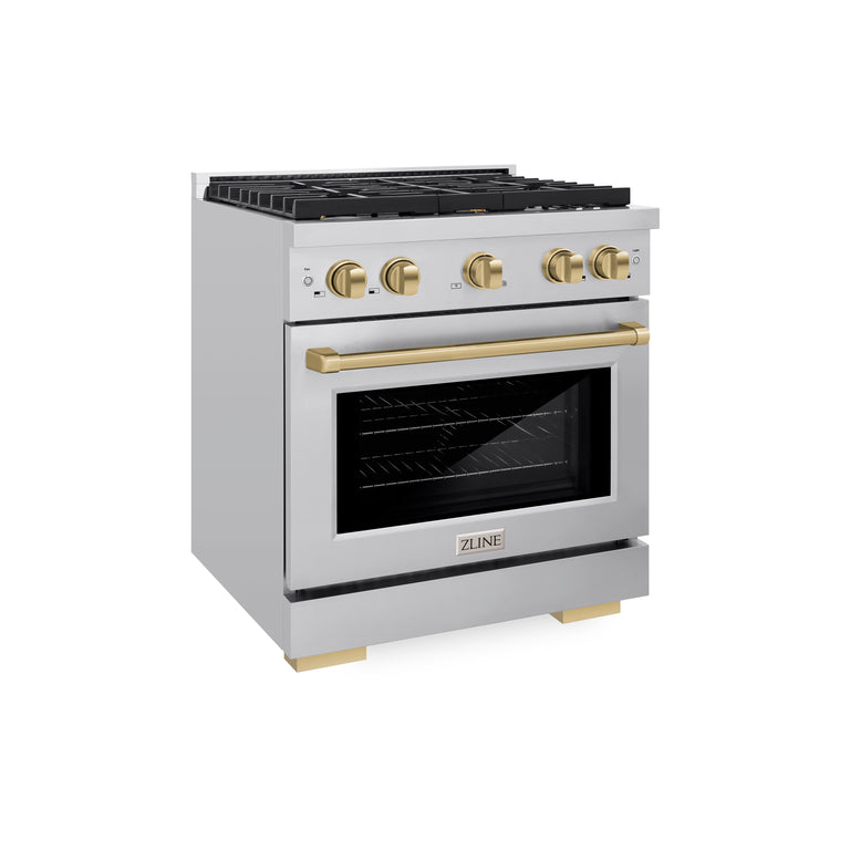 ZLINE Autograph Package - 30 In. Gas Range, Range Hood, Dishwasher in Stainless Steel with Champagne Bronze Accents, 3AKP-RGRHDWM30-CB