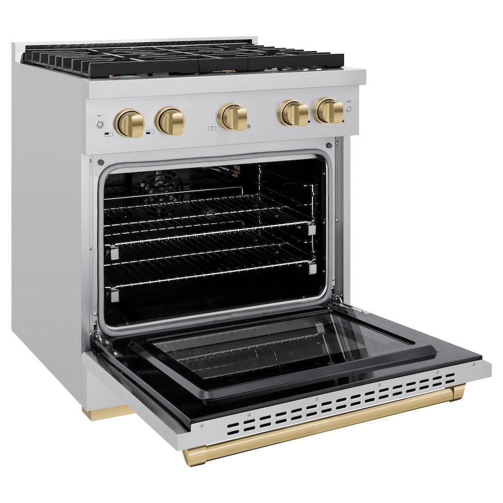 ZLINE Autograph Edition 30 in. 4.2 cu. ft. Paramount Gas Range with 4 Burners and Convection Gas Oven in Stainless Steel with Champagne Bronze Accents (SGRZ-30-CB)