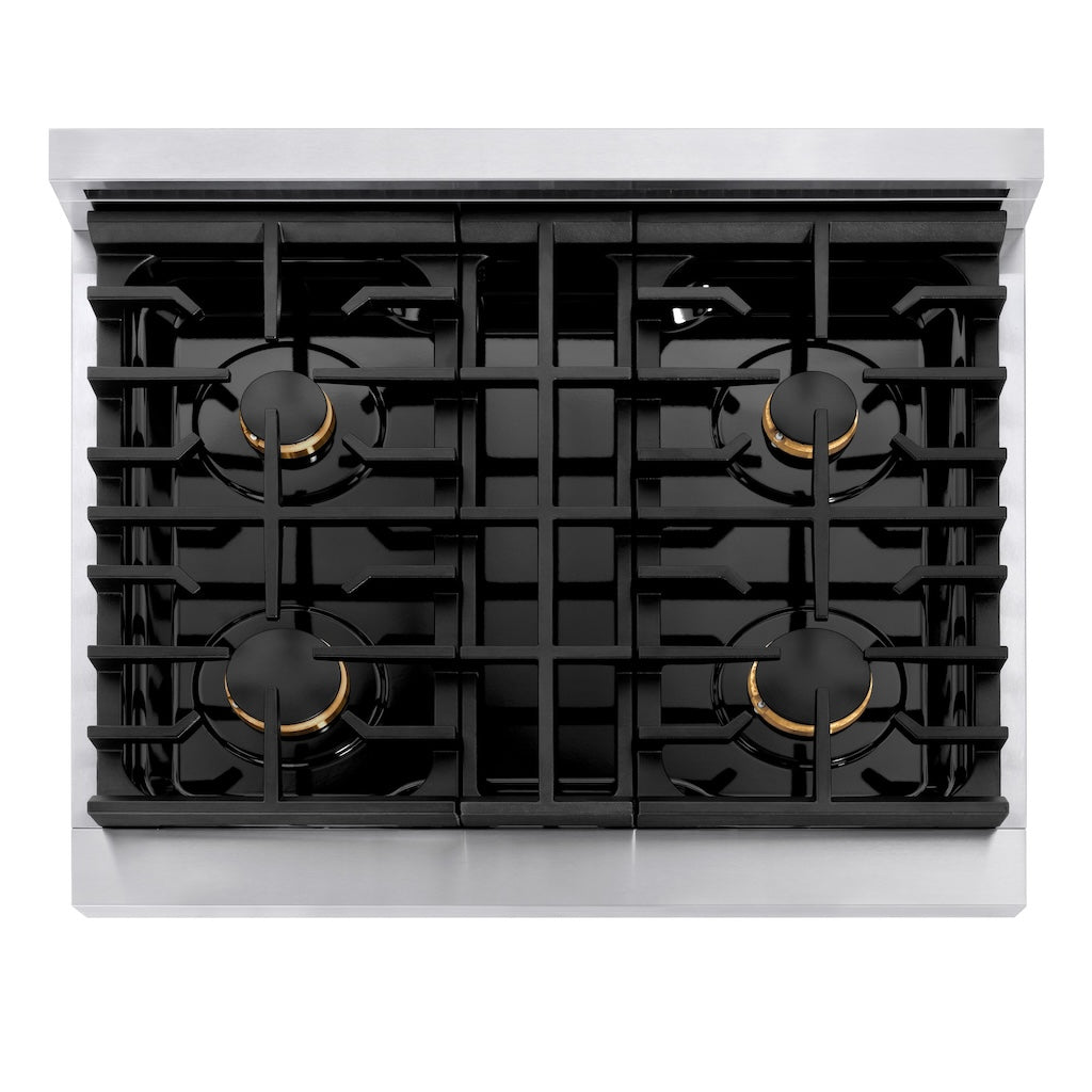 ZLINE Autograph Edition 30 in. 4.2 cu. ft. Paramount Gas Range with 4 Burners and Convection Gas Oven in Stainless Steel with Champagne Bronze Accents (SGRZ-30-CB)