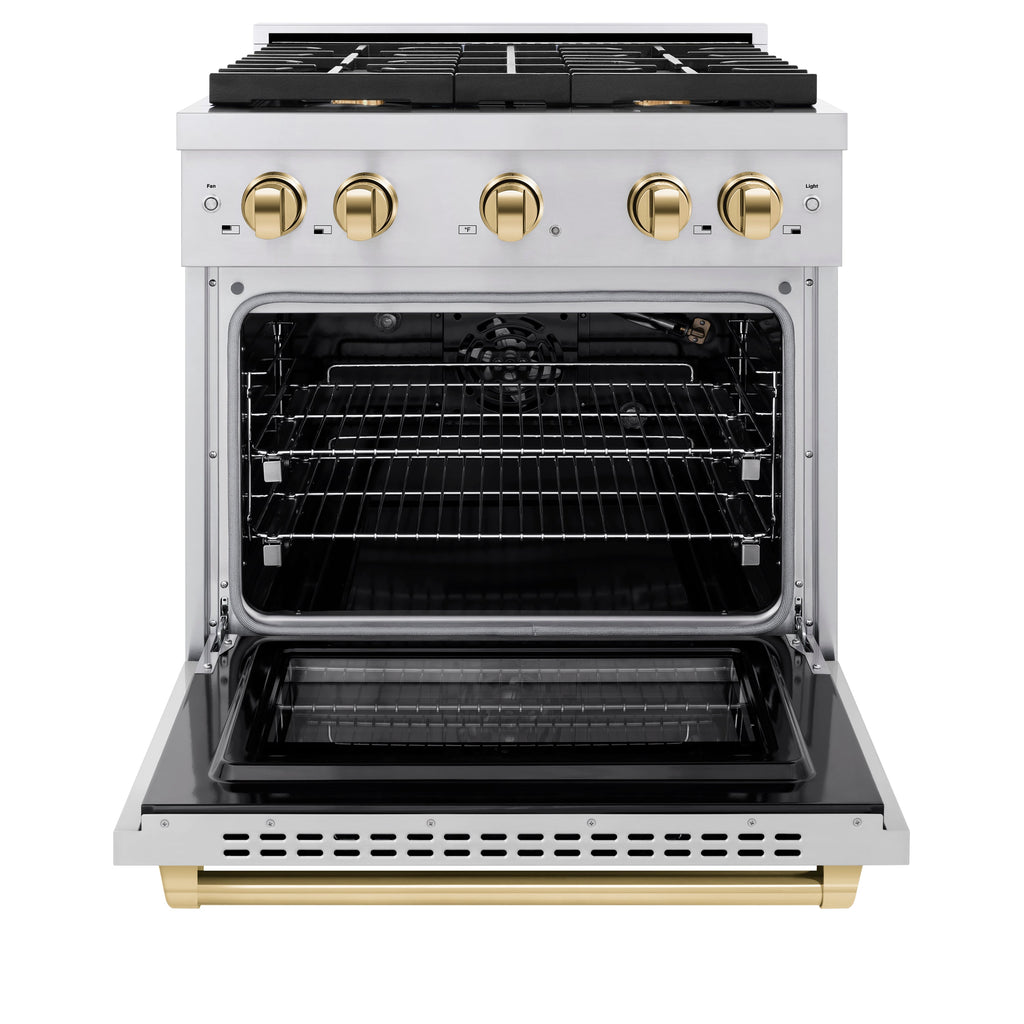 ZLINE Autograph Edition 30 in. 4.2 cu. ft. Paramount Gas Range with 4-Burner Cooktop and Convection Gas Oven in Stainless Steel with Gold Accents (SGRZ-30-G)