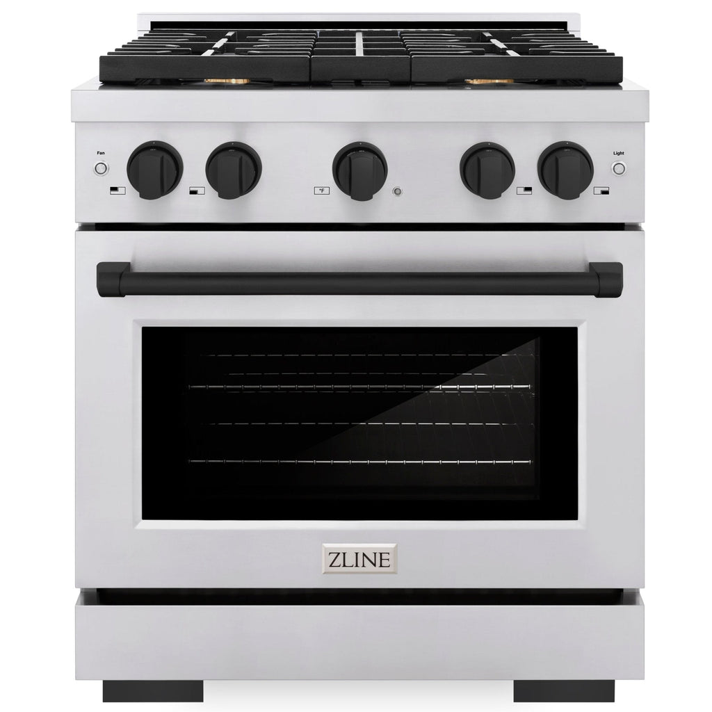 ZLINE Autograph Edition 30 in. 4.2 cu. ft. Paramount Gas Range with 4 Burner Cooktop and Convection Gas Oven in Stainless Steel with Matte Black Accents (SGRZ-30-MB)