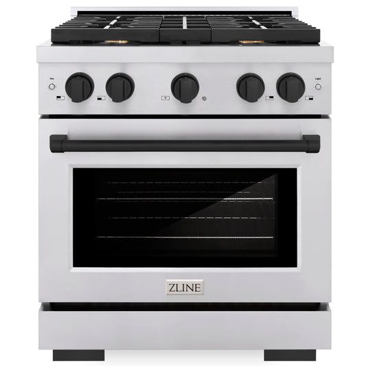 ZLINE Autograph Edition 30 in. 4.2 cu. ft. Paramount Gas Range with 4 Burner Cooktop and Convection Gas Oven in Stainless Steel with Matte Black Accents (SGRZ-30-MB)