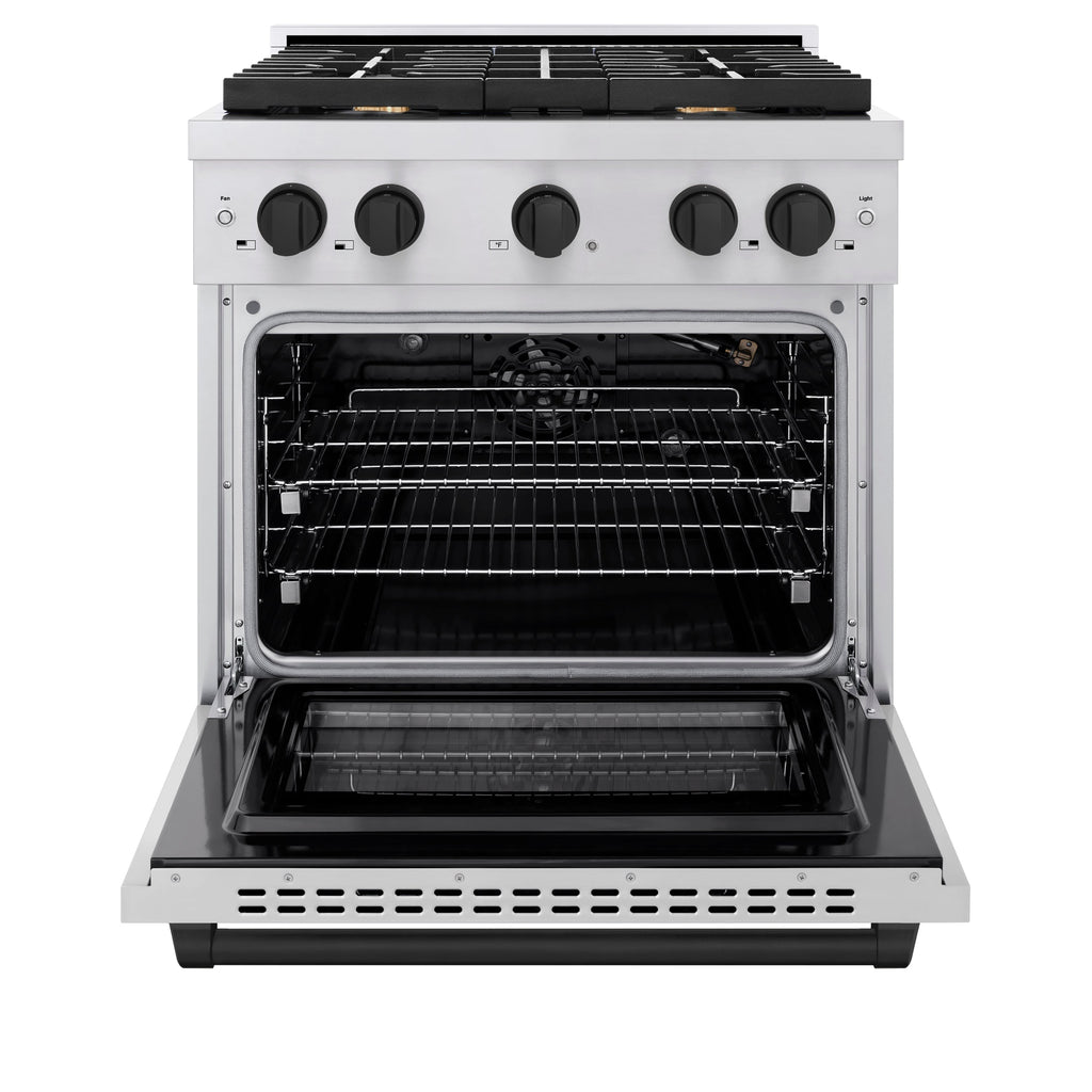 ZLINE Autograph Edition 30 in. 4.2 cu. ft. Paramount Gas Range with 4 Burner Cooktop and Convection Gas Oven in Stainless Steel with Matte Black Accents (SGRZ-30-MB)