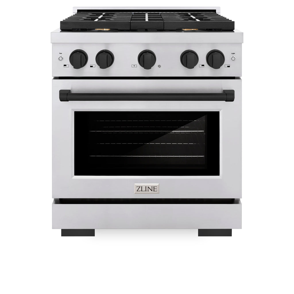 ZLINE Autograph Edition 30 in. 4.2 cu. ft. Paramount Gas Range with 4 Burner Cooktop and Convection Gas Oven in Stainless Steel with Matte Black Accents (SGRZ-30-MB)