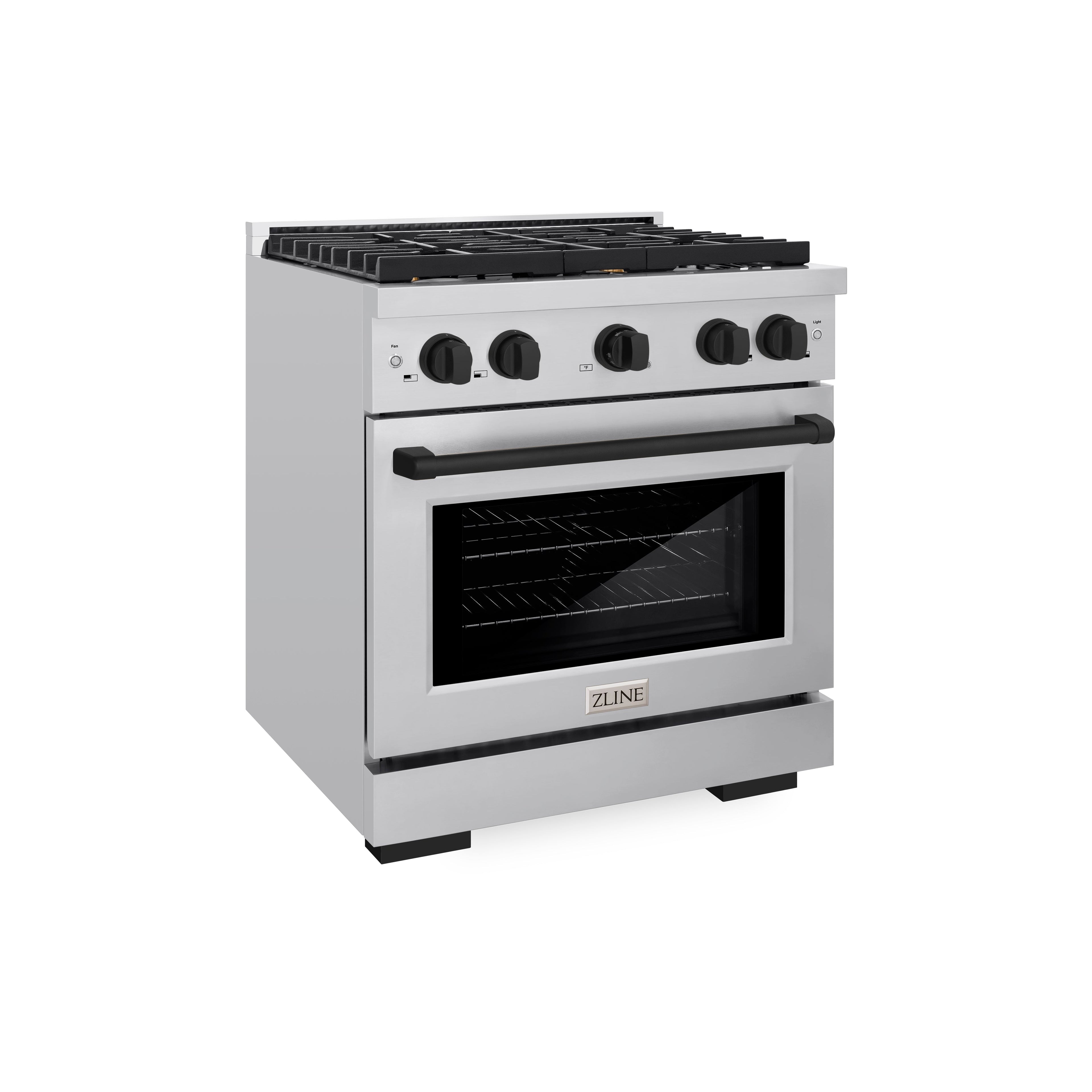 ZLINE Autograph Edition 30 in. 4.2 cu. ft. Paramount Gas Range with 4 Burner Cooktop and Convection Gas Oven in Stainless Steel with Matte Black Accents (SGRZ-30-MB)