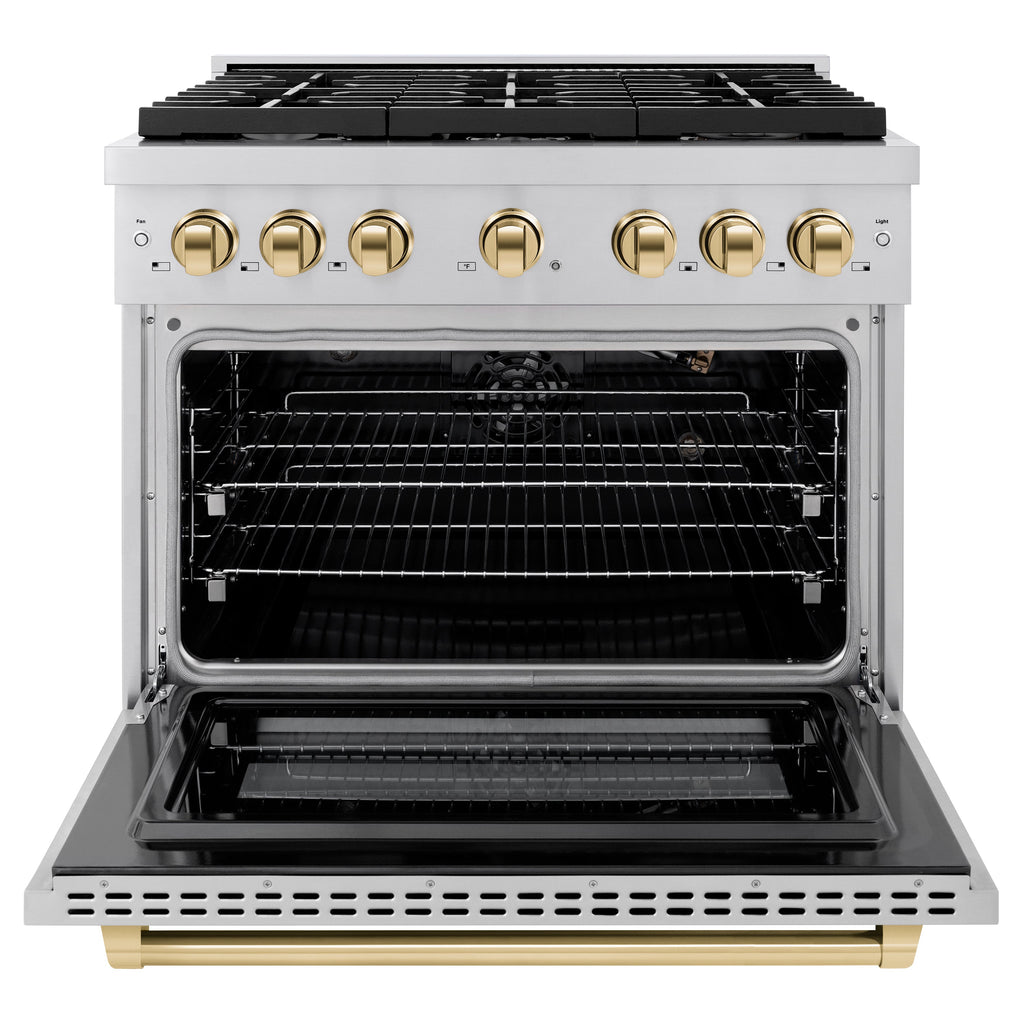 ZLINE Autograph Edition 36 in. 5.2 cu. ft. Paramount Gas Range with Convection Gas Oven, Stainless Steel with Gold Accents (SGRZ-36-G)